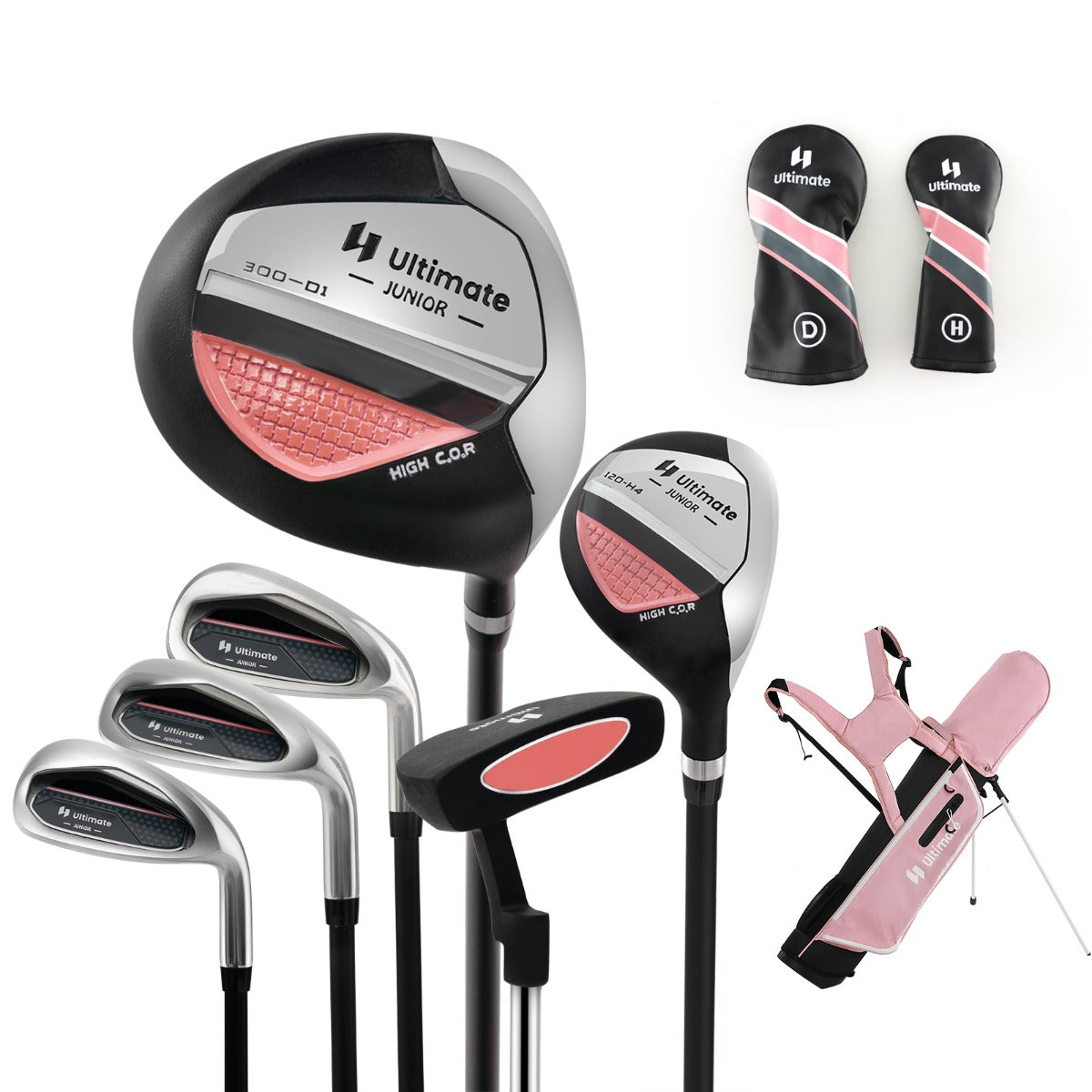 Pink kids golf club set with stand bag, ideal for ages 11-13. Perfect for young golfers at home.