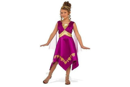 Girls Greek Goddess Athena Costume in purple and gold for imaginative play at home.