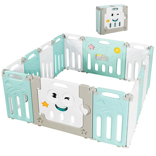 Green 14-Panel Baby Fence with Safety Lock & Educational Toys