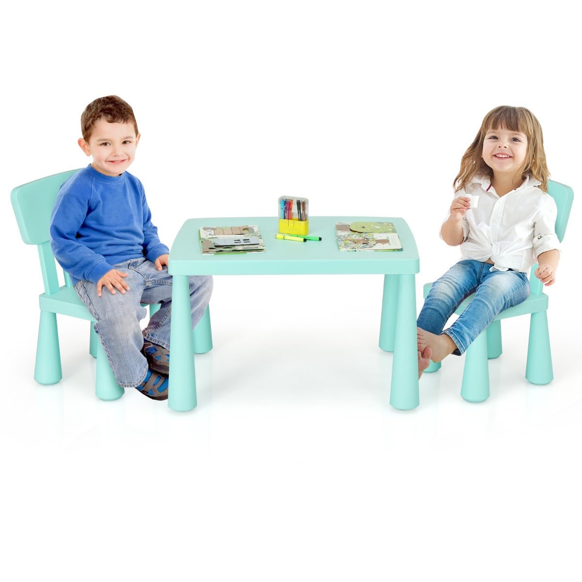 Children's Reading Corner Furniture - Green Table and Chairs Ensemble