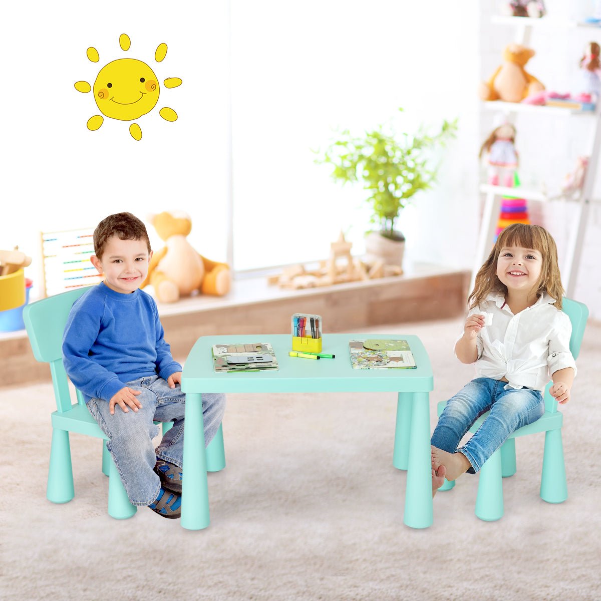 3-Piece Kids Table and Chairs Set - Cozy Green Reading Corner