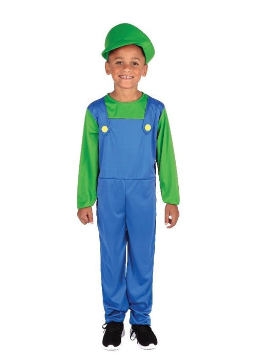 Kids green plumber boy costume inspired by Super Mario for imaginative play at home.