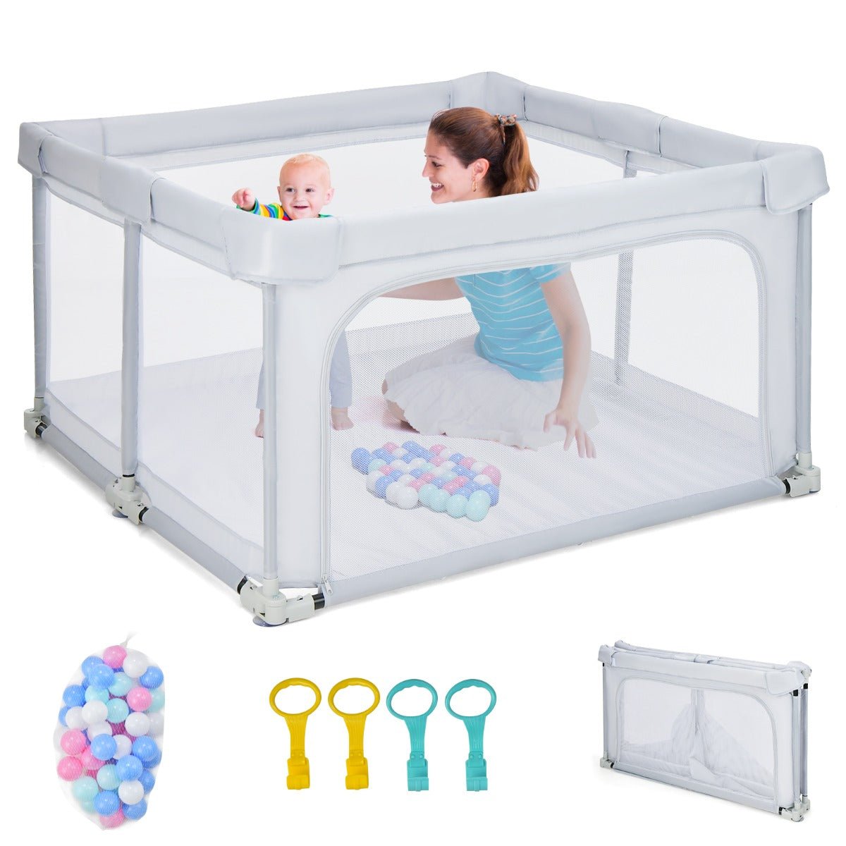 Foldable Playpen: 124cm Interactive Activity Center with Balls and Pull Rings