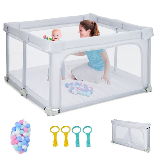 Foldable Playpen: 124cm Interactive Activity Center with Balls and Pull Rings