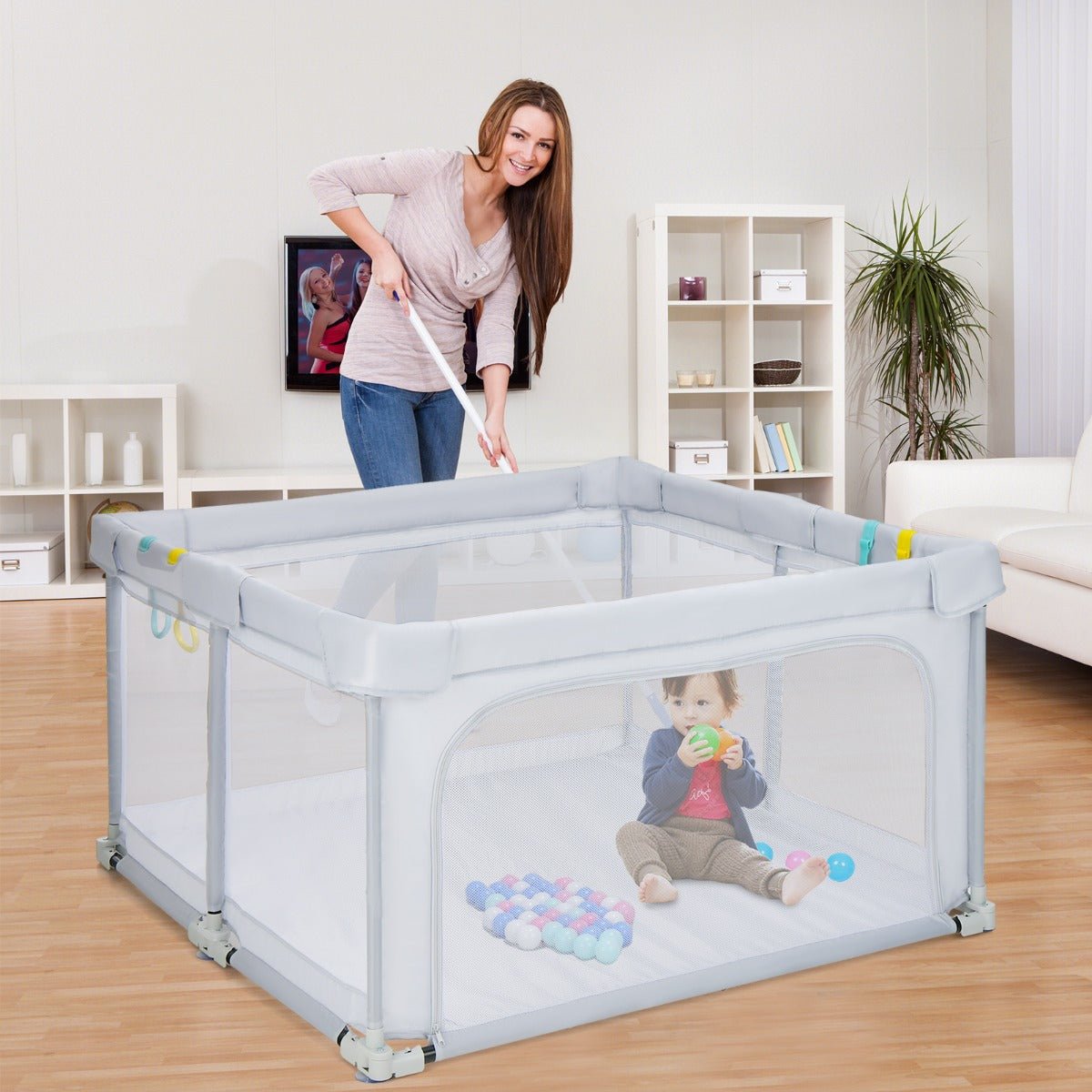 Intellectual Baby Playpen: 124cm Interactive Activity Center with Balls and Pull Rings