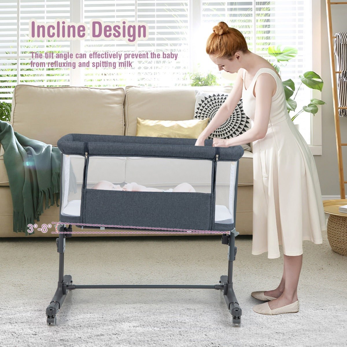 Compact Bedside Baby Cot in Grey