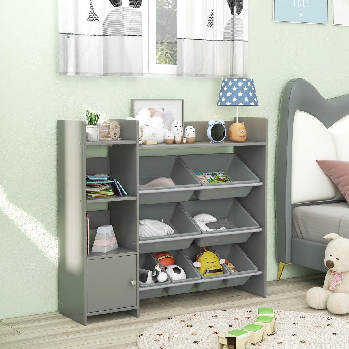 Grey Nursery Storage System with Eight Bins