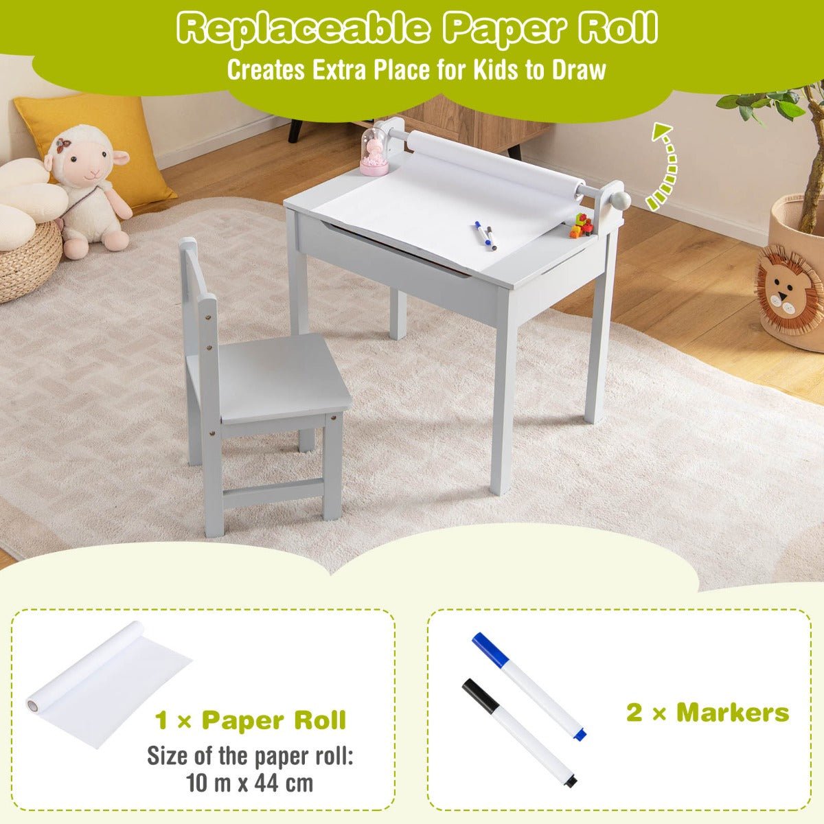 Grey Kids Lift-Top Desk Set with Paper Roll and Storage, perfect for creative play and organization.