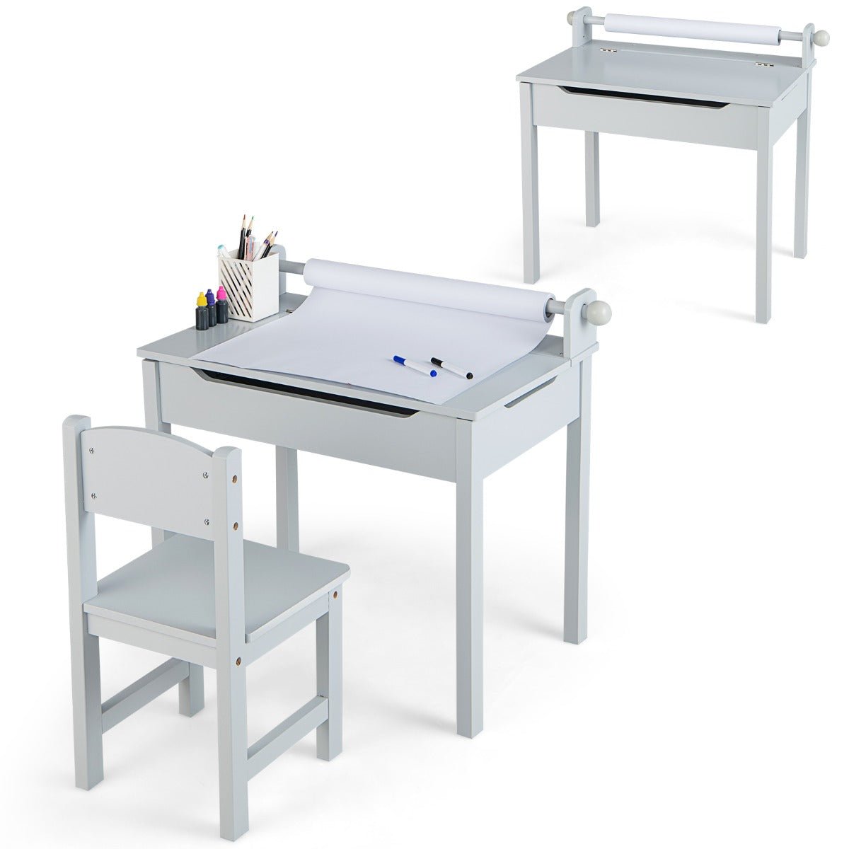 Grey lift-top desk set with paper roll and storage, ideal for kids creative projects.