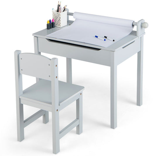 Lift-top desk set in grey for kids with paper roll and storage compartments