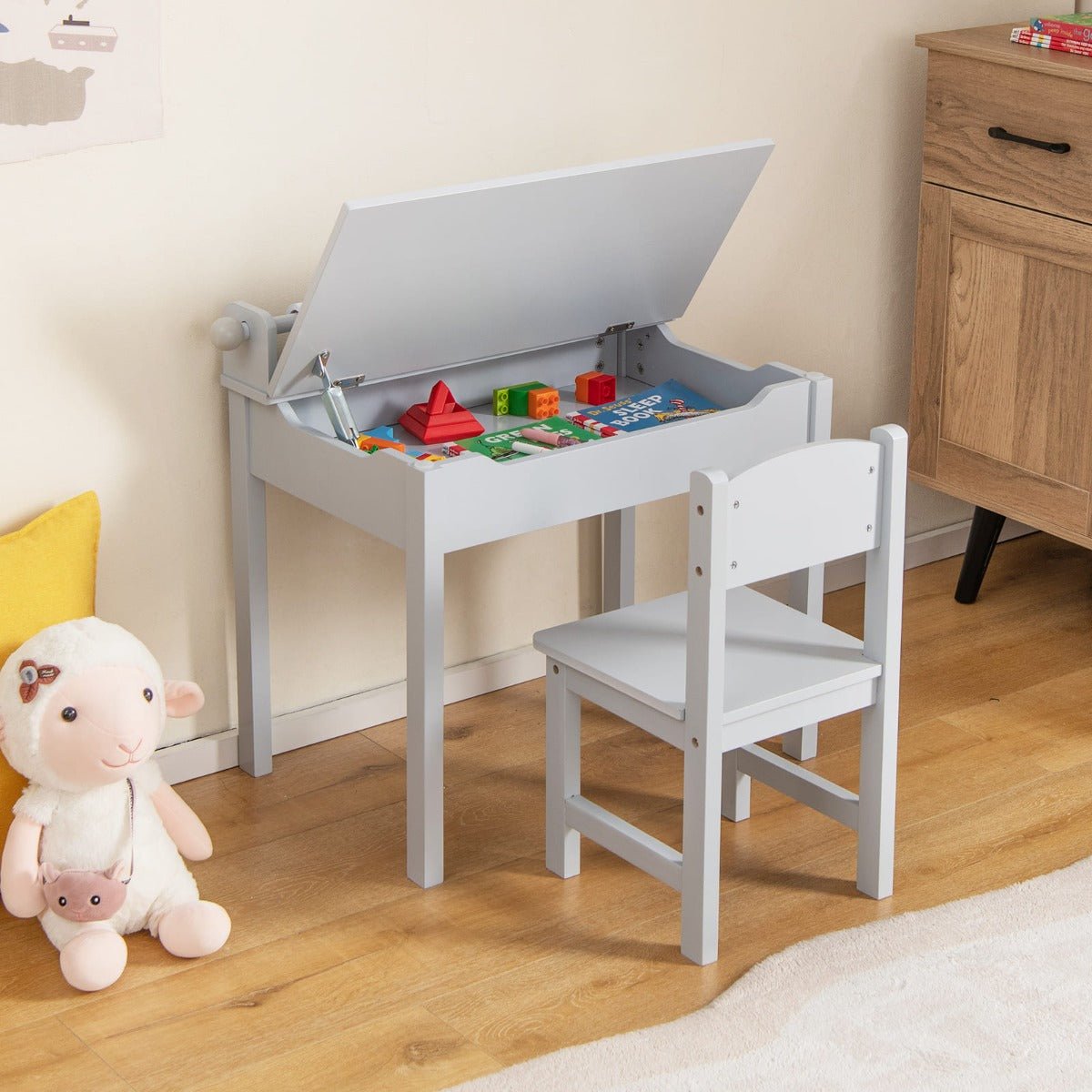 Grey kids desk with lift-top design, paper roll, and storage for creative play.