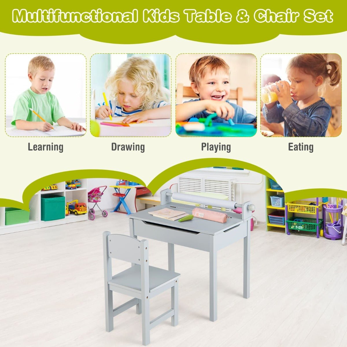 Grey kids lift-top desk set with paper roll and storage - perfect for creative play.