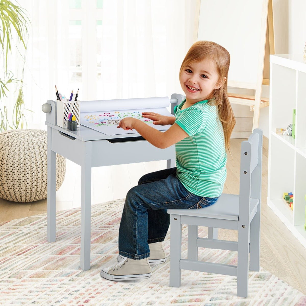 Grey Kids Lift-Top Desk Set with Paper Roll and Storage | Functional, fun workspace for little ones.