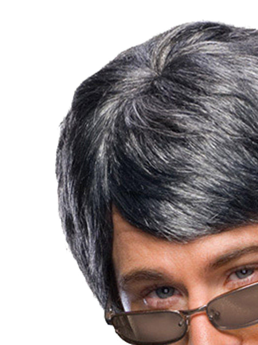 Mens short grey streaked costume wig, perfect for childrens dress-up at home.