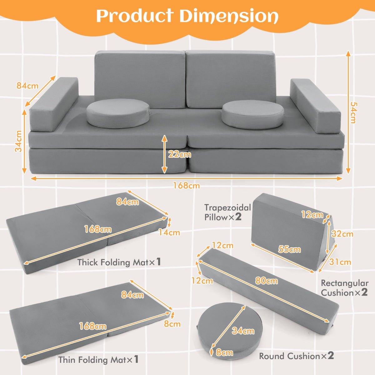 Kids Modular Convertible Foam Folding Sofa with Portable Handle