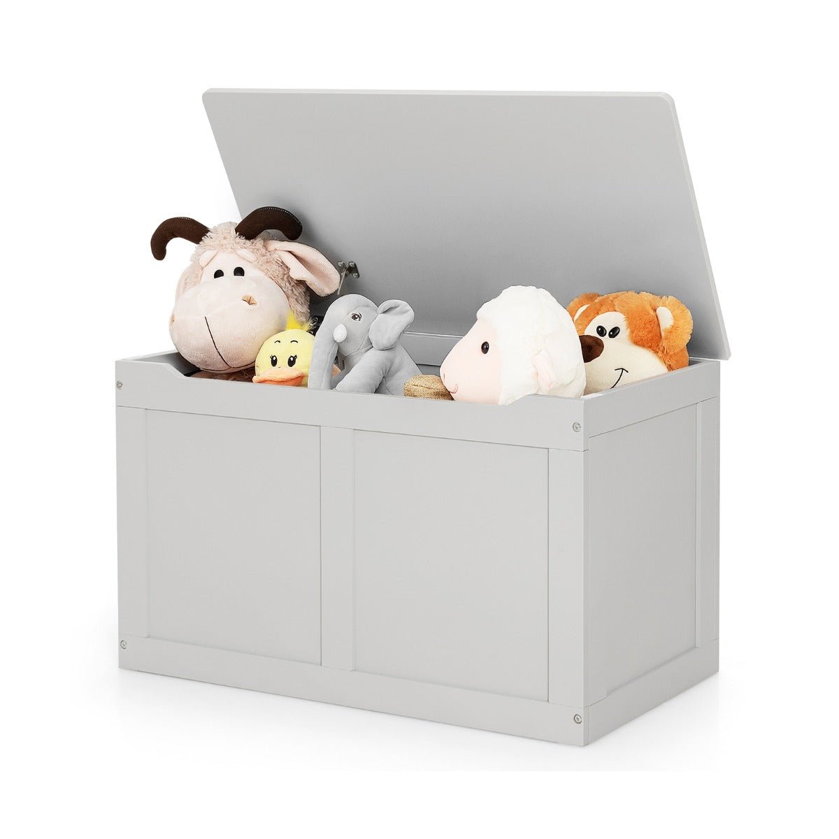 Toys organised in Grey Wooden Toy Box for Kids