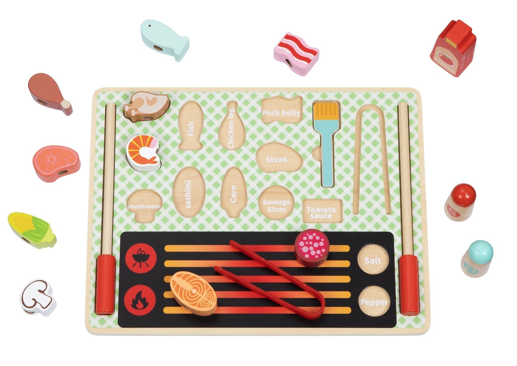 Kids grill play set for imaginative indoor/outdoor cooking fun, including utensils and accessories.