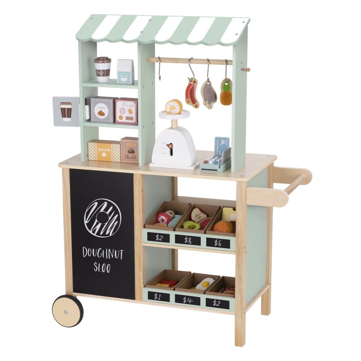 Colorful play grocery store set for imaginative childrens home playtime and learning activities.