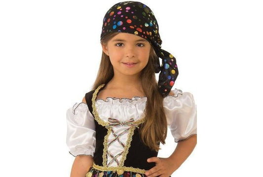 Childs fortune teller costume with vibrant colors and headscarf for imaginative play at home.