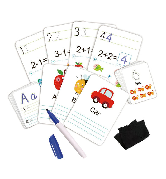 Colorful write and wipe cards for kids to practice handwriting and learning at home.