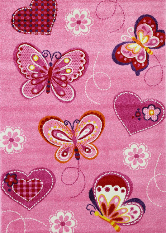 Vibrant pink kids rug with happy feet and beautiful butterflies design for cozy playrooms.