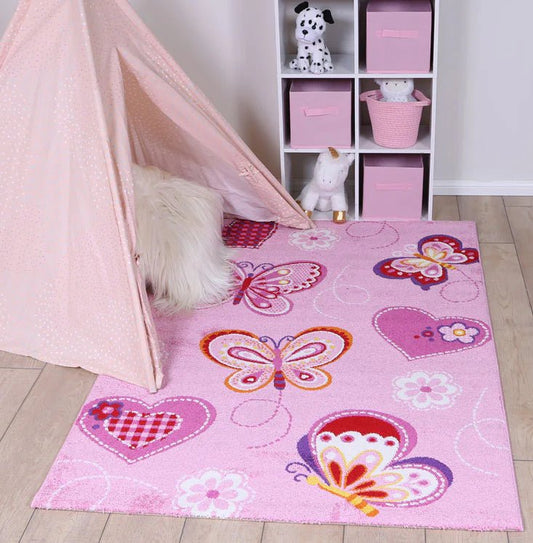 Happy Feet Pink Kids Rug with Beautiful Butterflies design perfect for childrens room decor