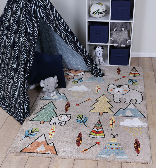 Kids grey rug featuring mini mountaineers by Happy Hands for playful bedroom decor.