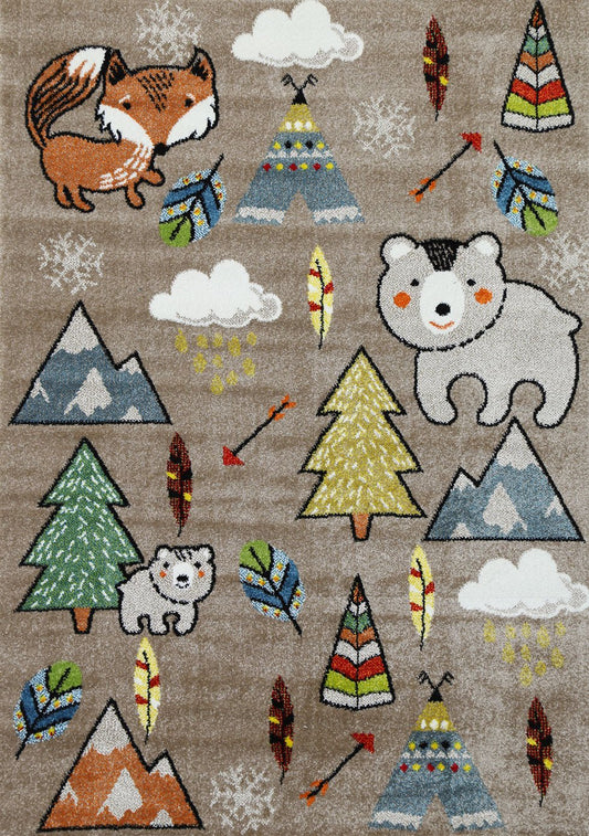 Happy Hands Mini Mountaineers Grey Kids Rug with playful mountain design for childrens rooms.