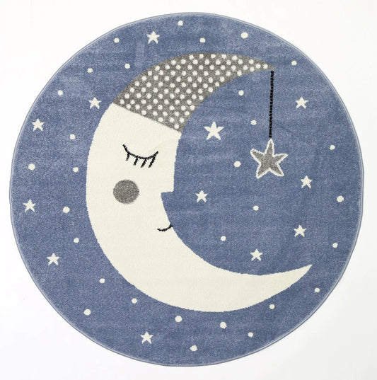 Nod Blue round kids rug featuring happy hands design, perfect for childrens playrooms.