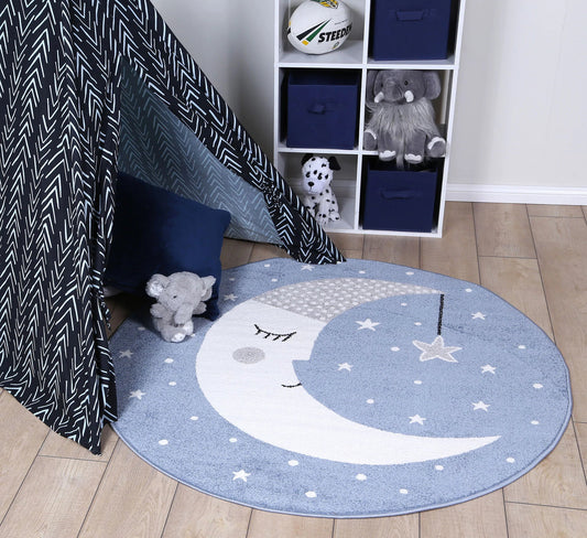 Cute, blue round rug featuring happy hands design perfect for childrens room decor.