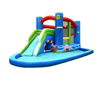 Inflatable water slide castle with blower for backyard fun and outdoor play for kids.