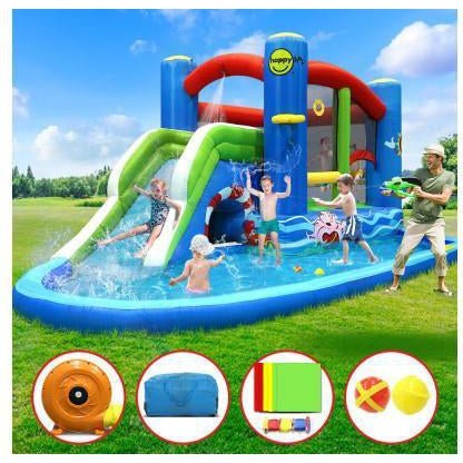 Inflatable water slide castle with blower, perfect for backyard fun for kids.