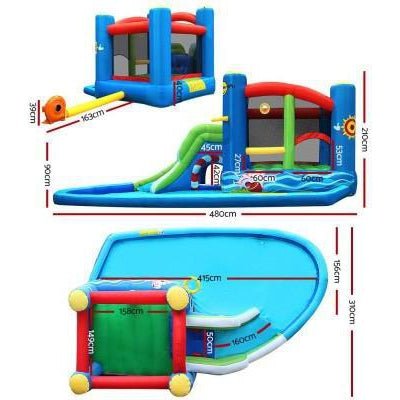 Inflatable water slide castle with blower for interactive kids backyard fun.