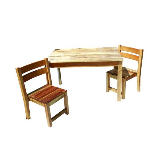 Acacia hardwood study desk set with storage and chairs for kids home learning space.