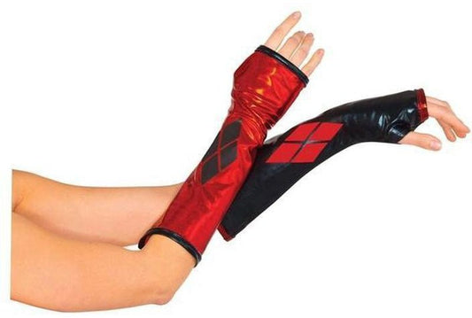 Harley Quinn adult gauntlets in metallic red and black, perfect for kids DC Comics costumes.