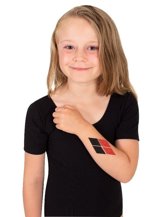 Harley Quinn Diamond Glitter Temporary Tattoo for kids fun dress-up and playtime.