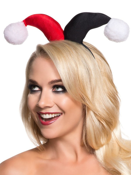 Halloween costume headband with Harley Quinn fools hat design for kids dress-up fun.