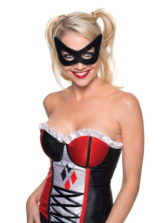 Harley Quinn adult mask, licensed by DC Comics, perfect for kids imaginative play at home.