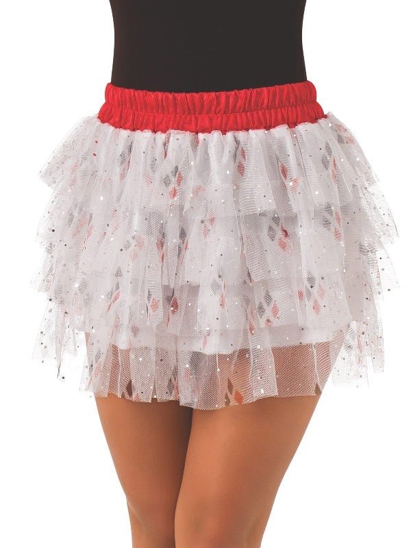 Sparkling Harley Quinn tutu skirt with DC Comics theme, perfect for teen cosplay and play.