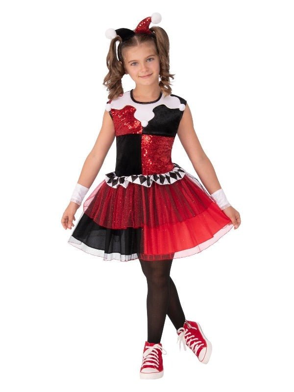 Harley Quinn kids tutu costume, featuring official DC Comics outfit for fun playtime.