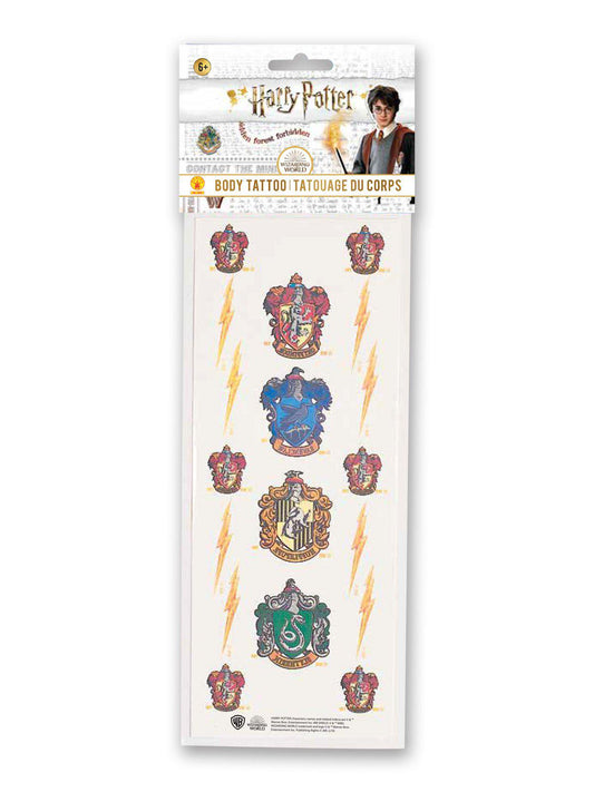 Harry Potter temporary tattoos featuring iconic house crests and emblems for magical kids.