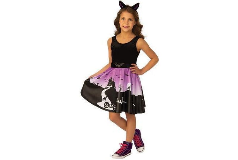 Girls purple haunted house Halloween costume, ideal for spooky dress-up at home.