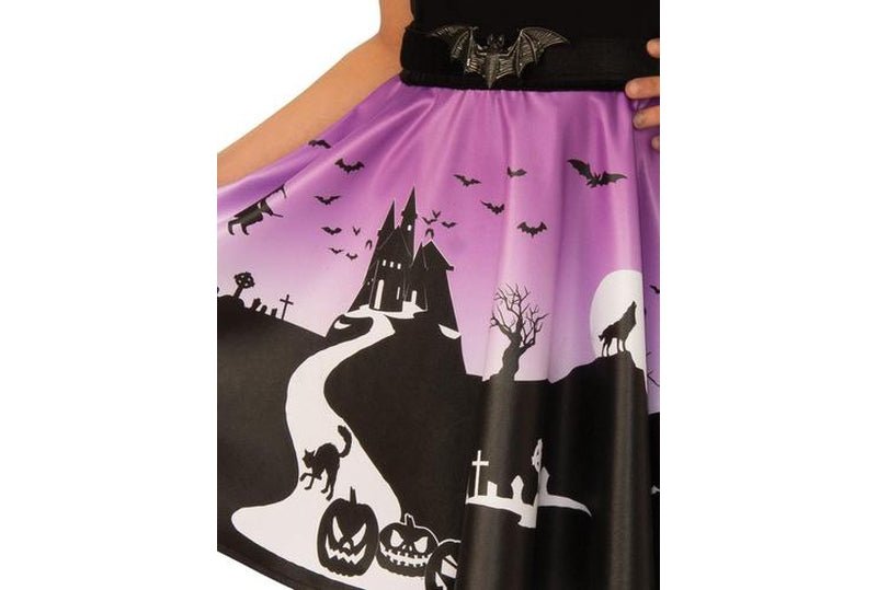 Girls purple haunted house dress, ideal for Halloween costume parties and imaginative play.