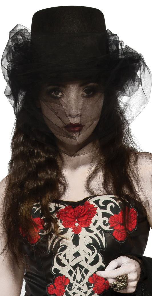 Black veiled top hat with spooky design for womens Halloween costume. Perfect for kids dress-up.