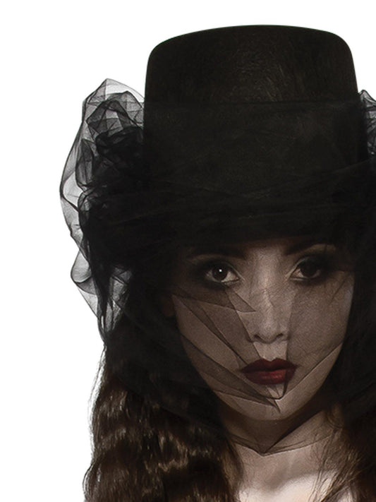 Black veiled top hat for womens Halloween costume, adding a touch of spooky elegance.