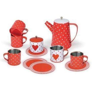 Adorable heart tin tea set with mugs for childrens pretend play at home.