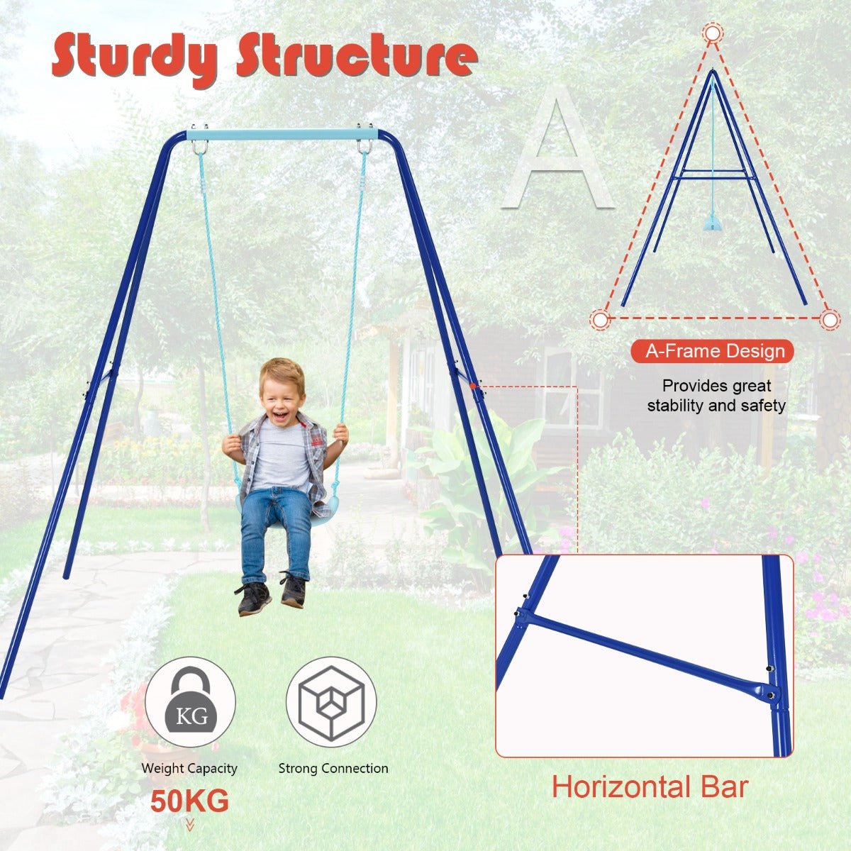 Cool Blue Swing Set: Sturdy A-Frame Metal Design for Play