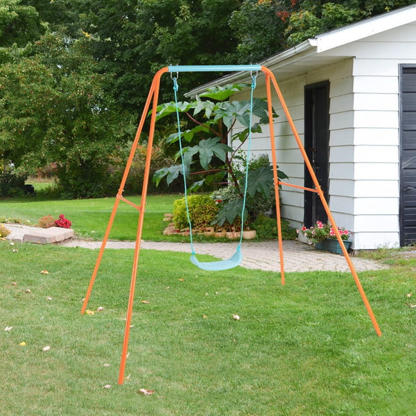 Outdoor Kids Swing Set with Heavy-Duty Metal A-Frame - Orange