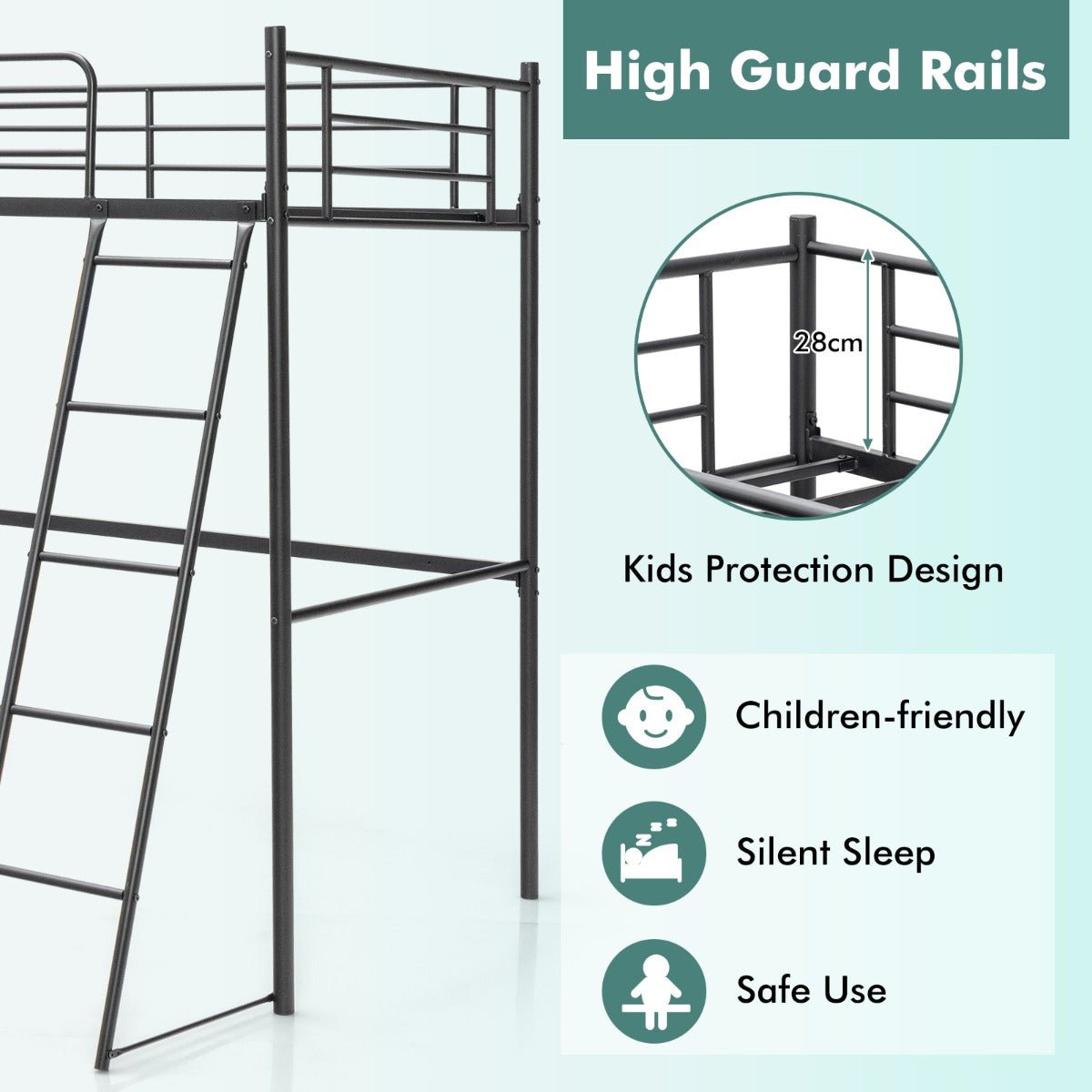 Heavy-duty Steel Bed Frame with High Guard Rails for Relaxation