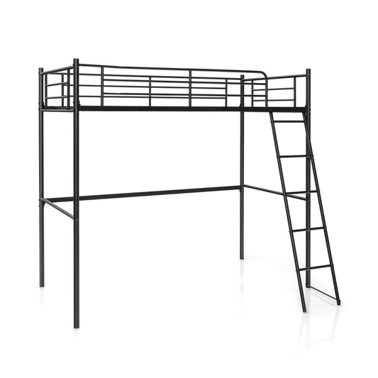 Kids steel loft bed with guard rails, perfect space-saving solution for childrens rooms.